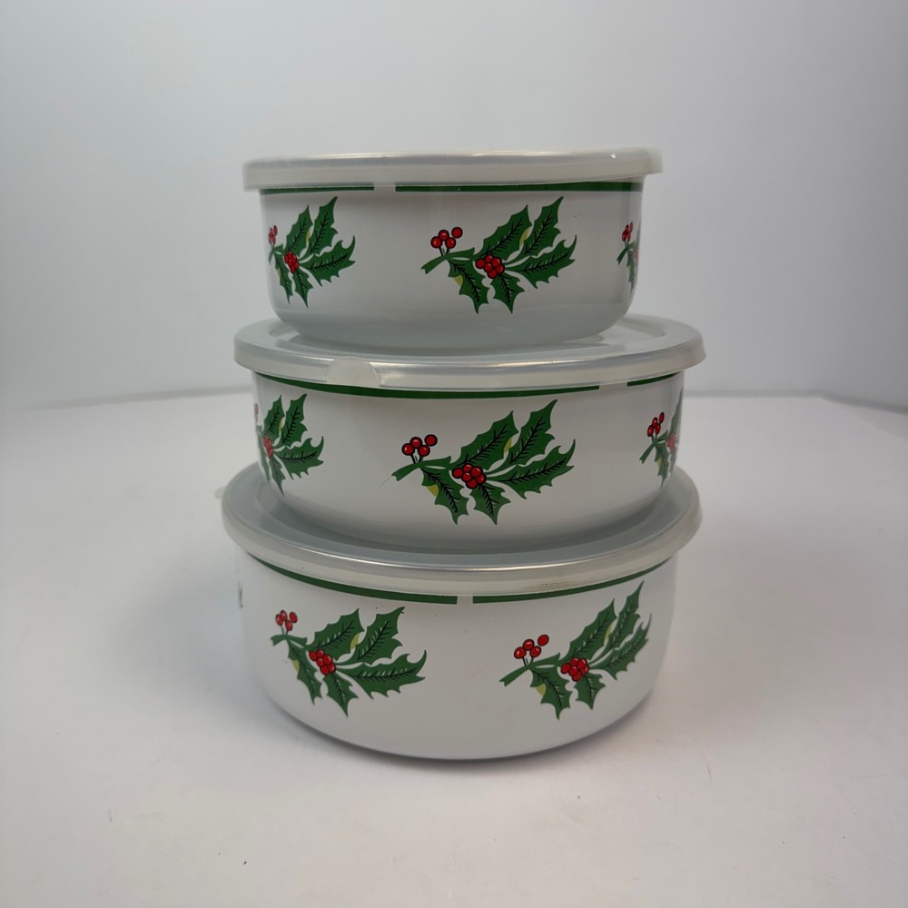 Vintage Enamel Nesting Bowls Set of 3 Christmas Holly Berry White with Lids